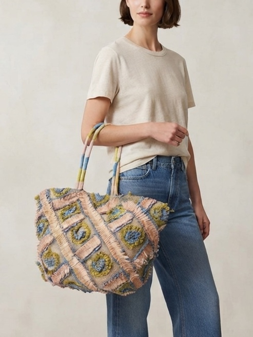 Unbranded Periwinkle & Kiwi Textured Straw Tote Bag